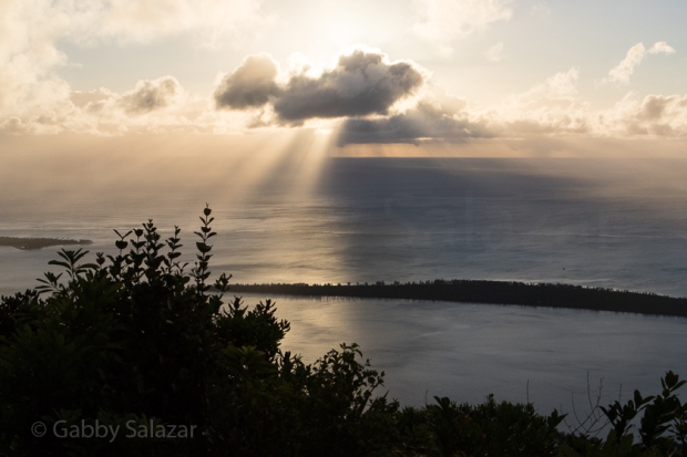 Sunset over Ile aux Benitiers as seen from the Summit of Pinot du Canot mountain in Mauritius. 